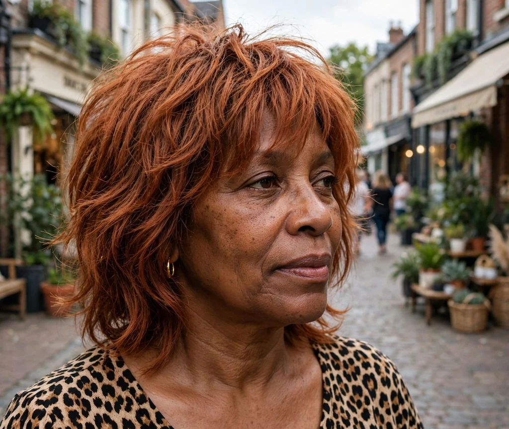 African-American woman with copper-cinnamon cajun spice layered shag haircut on a boutique street