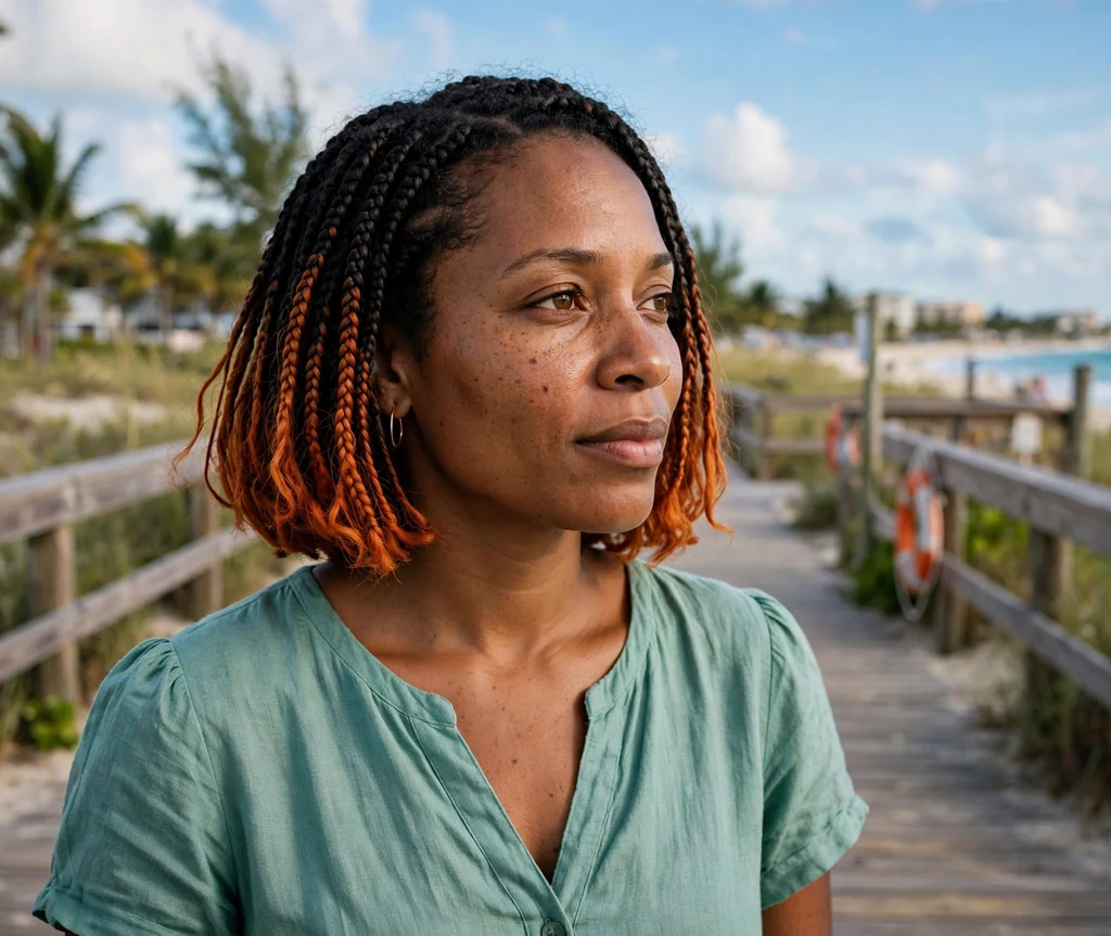 Bahamian woman with copper-ended cajun spice knotless braided bob on a beach boardwalk