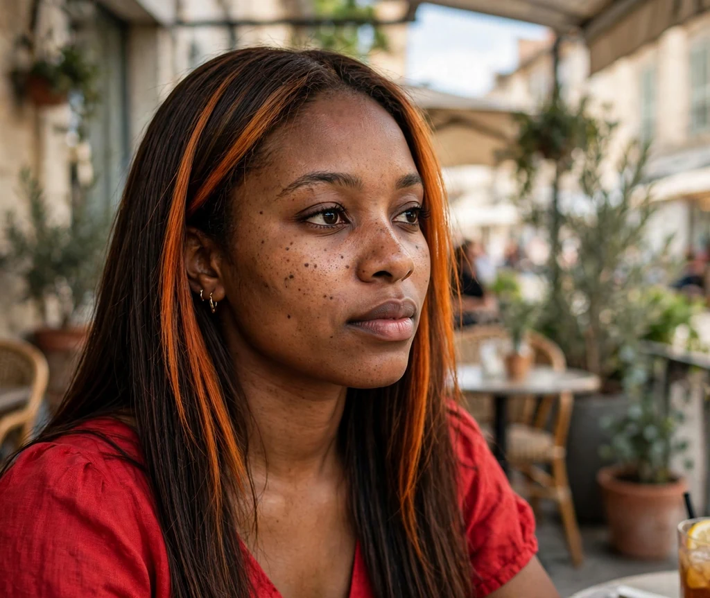Malian woman with long straight hair with copper cajun spice money-piece highlights at a cafe
