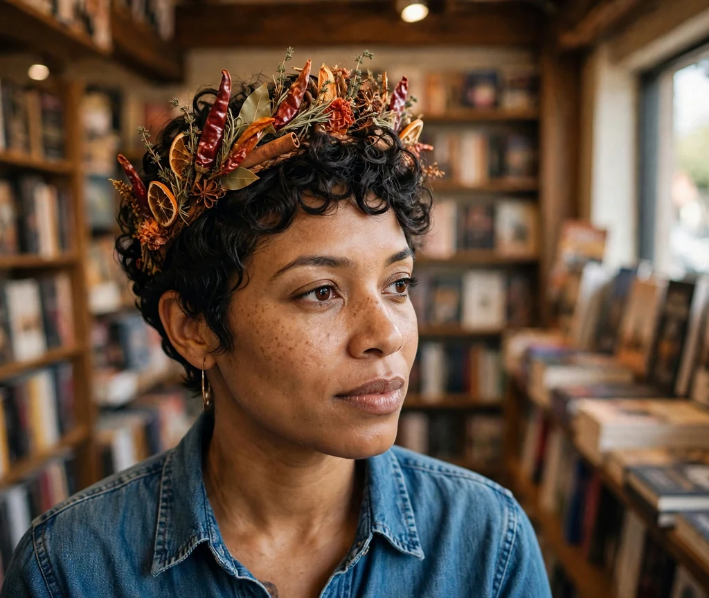 African-American woman with curly cajun spice copper pixie in a bookstore