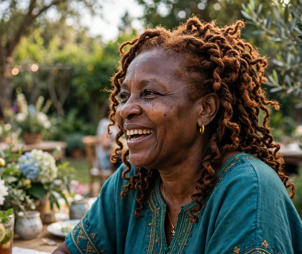Ivorian woman with defined cinnamon cajun spice twist-out coils at a garden party
