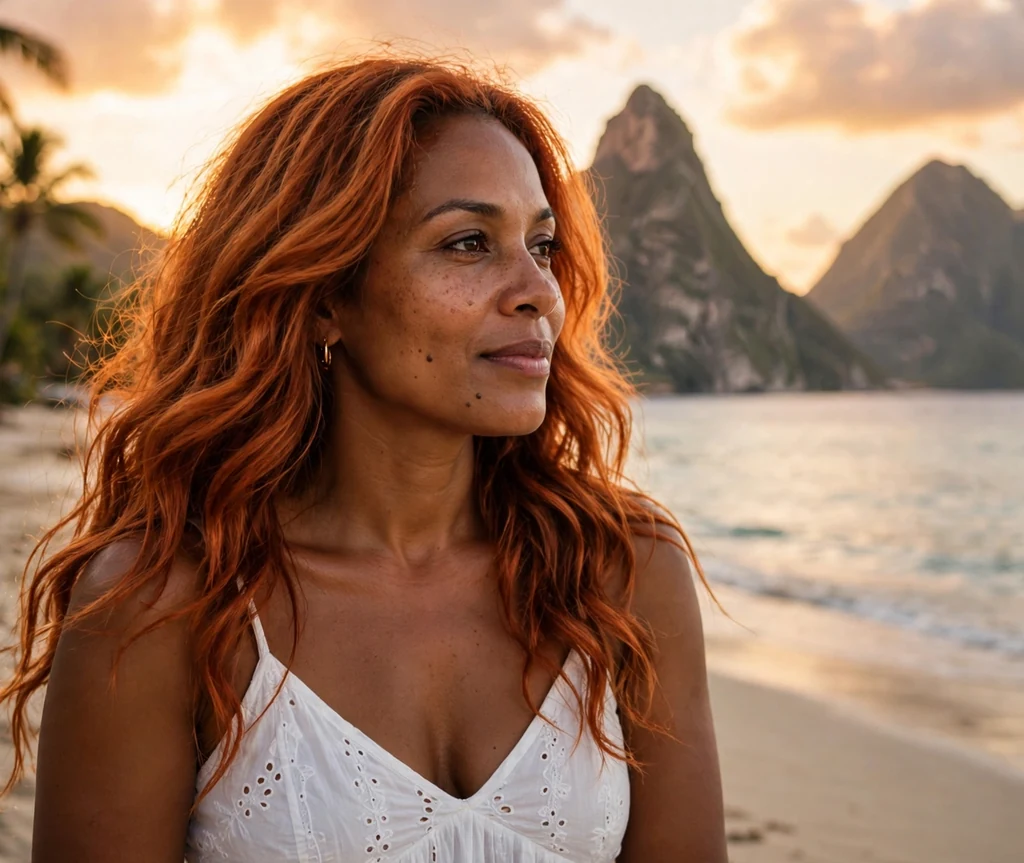 St. Lucian woman with long wavy cajun spice copper melt layers on a sunset beach