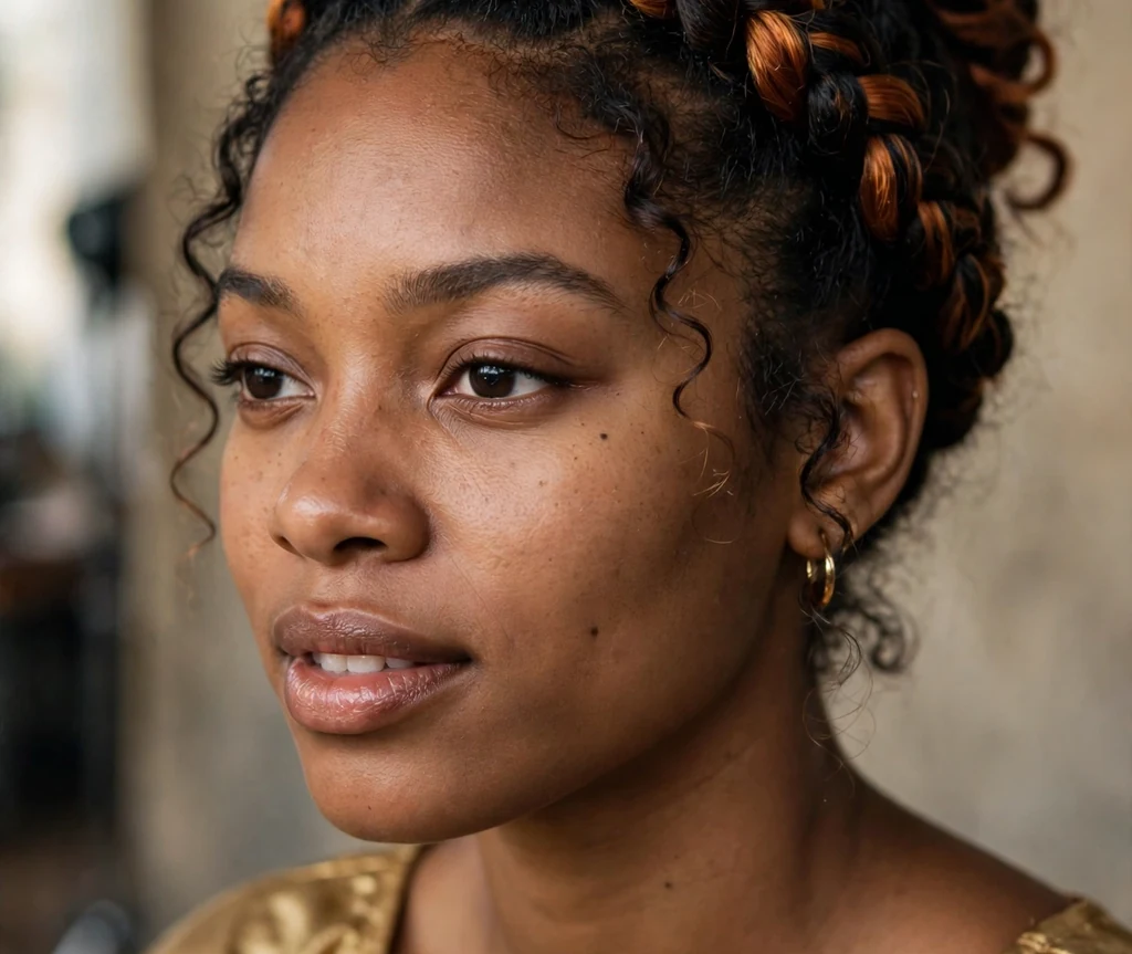 African-American woman with copper-accented cajun spice crown braid updo in a studio