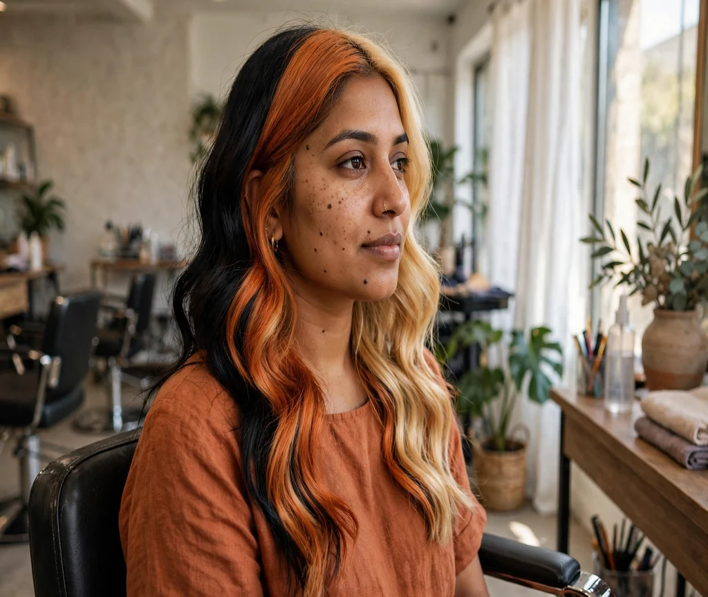 Woman with black copper and blonde calico color blocks in a bright salon chair