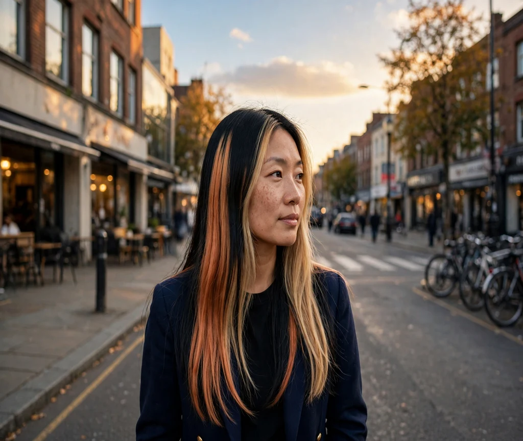 Woman with classic black copper and blonde calico blocks on a city street