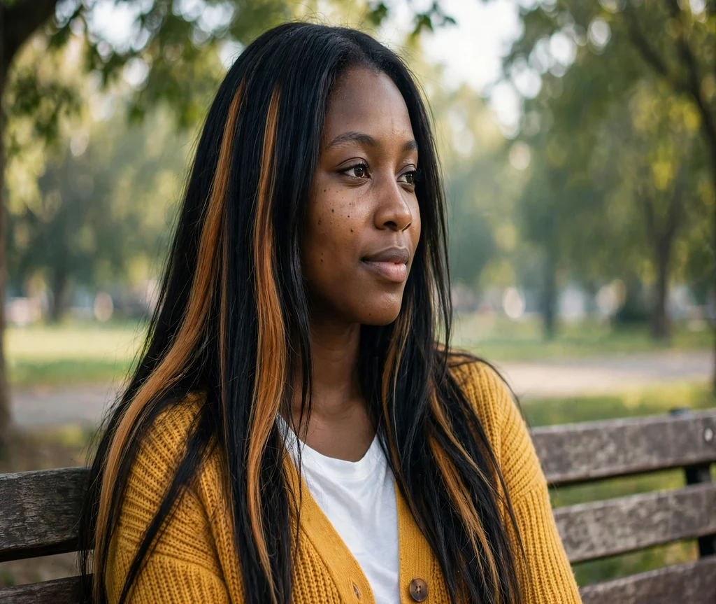Woman with chunky caramel calico panels on black hair at a park bench