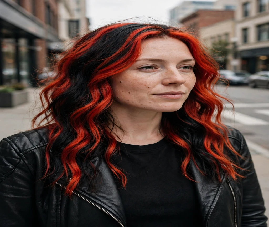 Woman with fiery red and black calico blocks on a downtown sidewalk