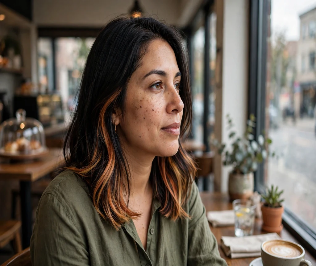 Woman with peekaboo copper calico panels hidden under dark hair