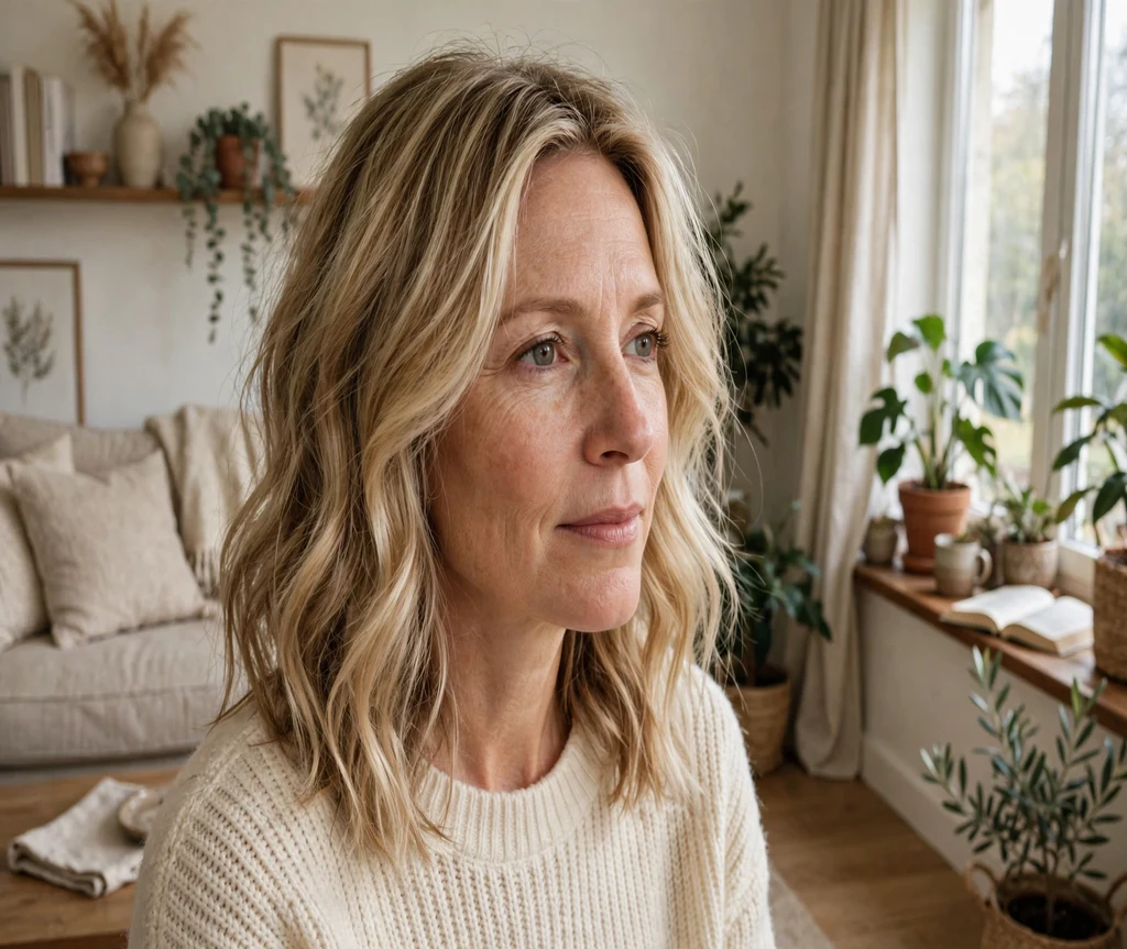 Woman with soft blended blonde calico tones in a living room