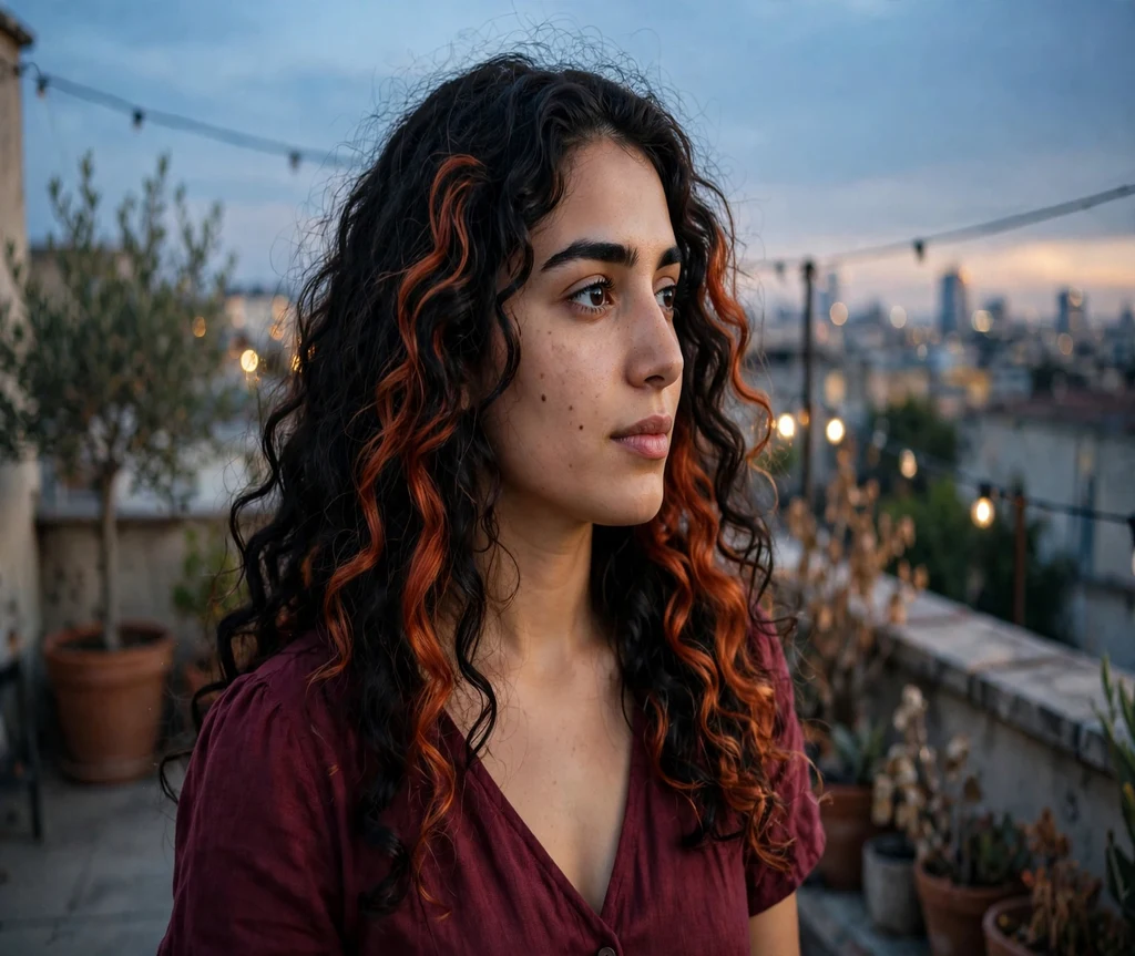 Woman with bold auburn and onyx calico patches on a rooftop terrace