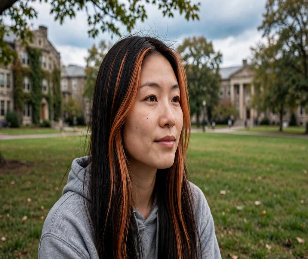 Woman with copper money piece calico around her face on a campus lawn
