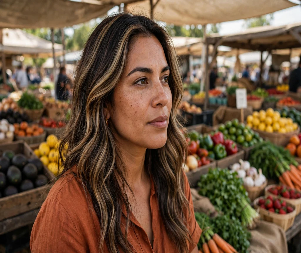Woman with mocha and toffee calico highlights at a farmers market