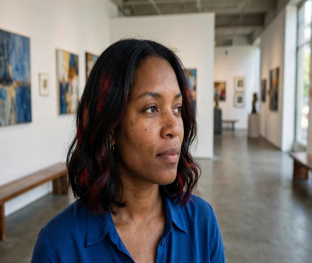 Woman with deep burgundy calico patches on a dark bob in an art gallery