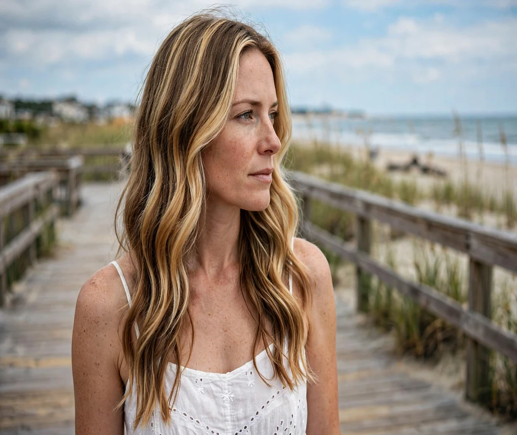 Woman with sun-kissed golden calico hair on a beach boardwalk