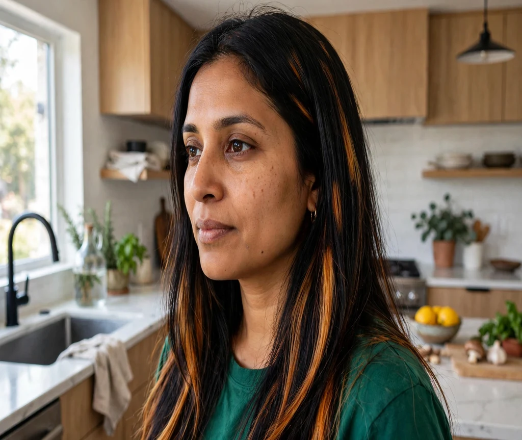 Woman with jet black hair and amber calico patches in a modern kitchen