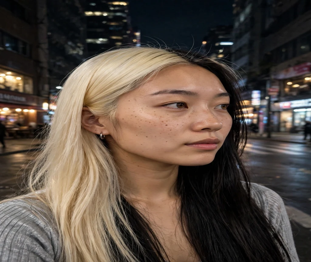 Woman with platinum and onyx calico blocks on a night street