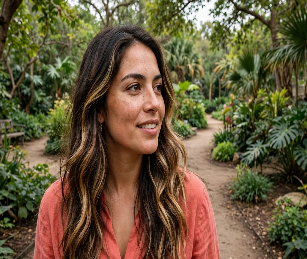 Woman with warm honey calico balayage in a botanical garden