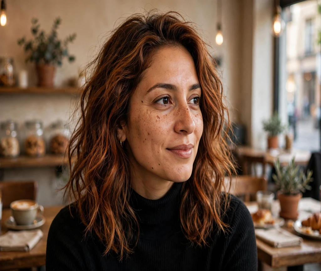 Woman with cinnamon spice calico tones in a cozy cafe