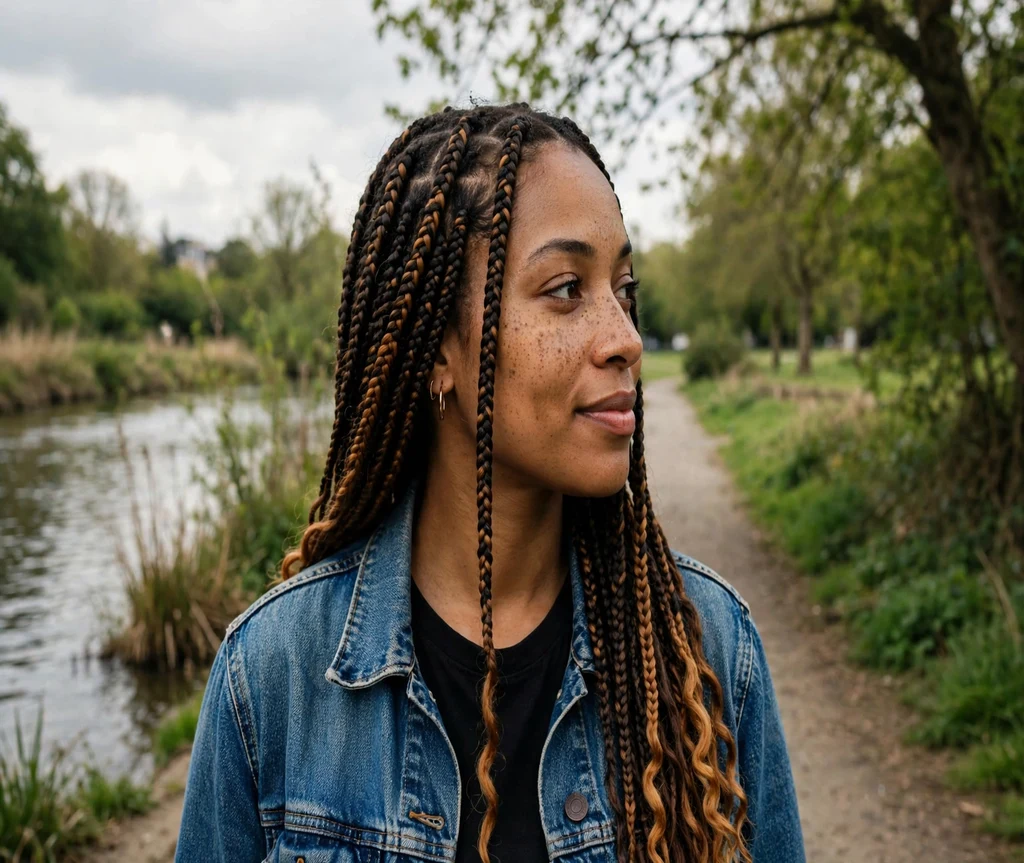 Woman with espresso and caramel calico accents on braids by a riverside