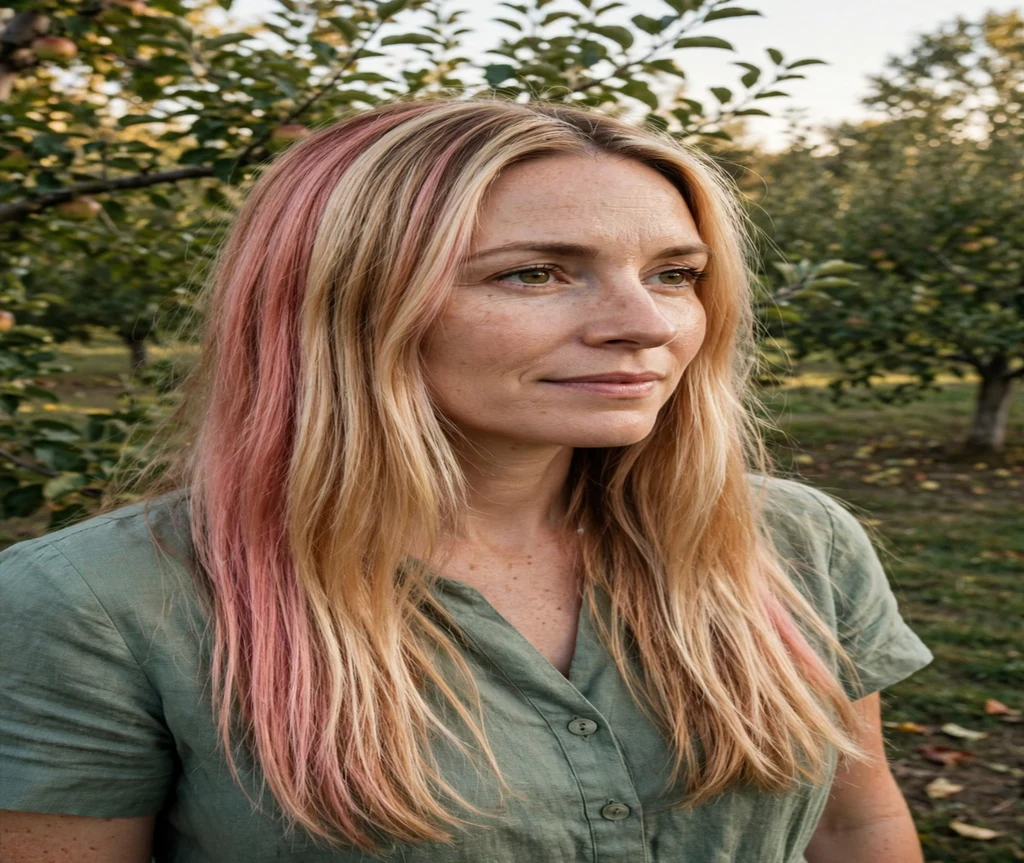 Woman with strawberry blonde calico hair in an orchard