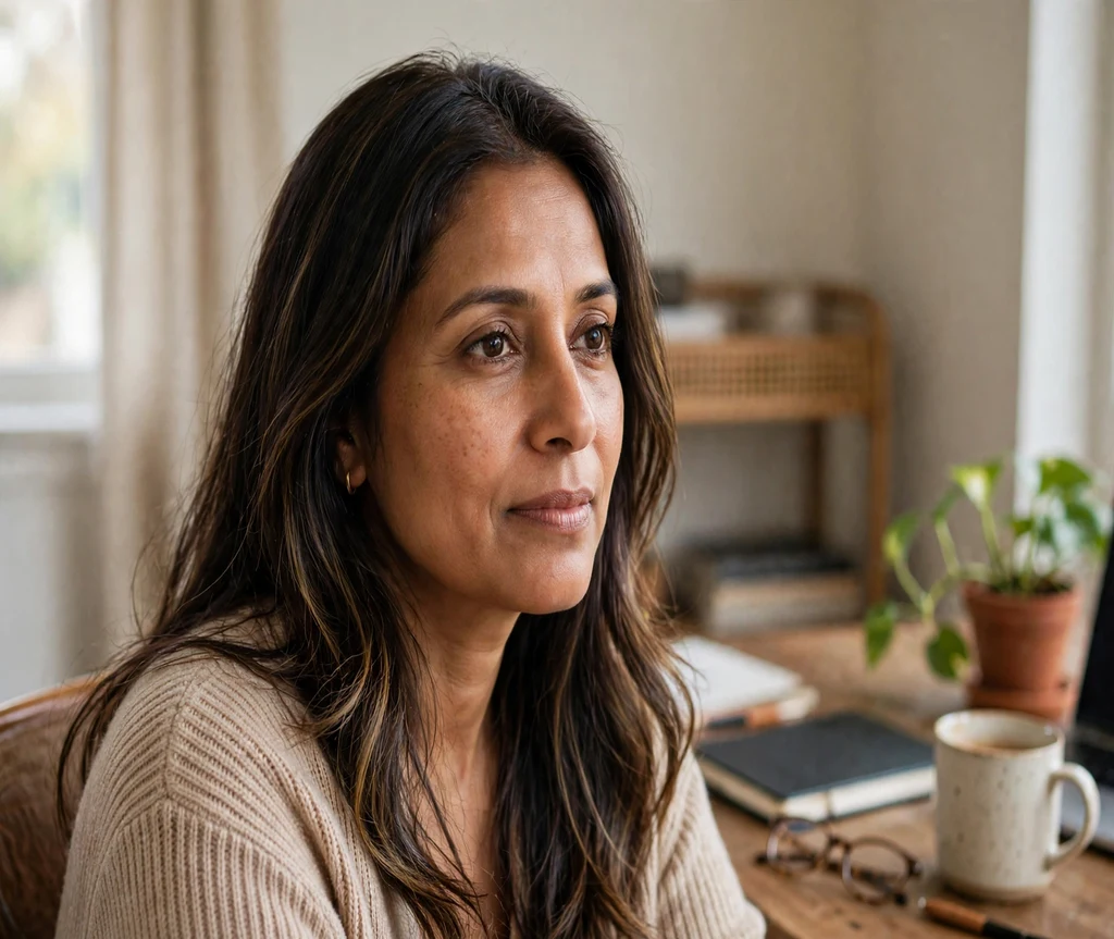 Woman with subtle natural calico lowlights at a home office desk
