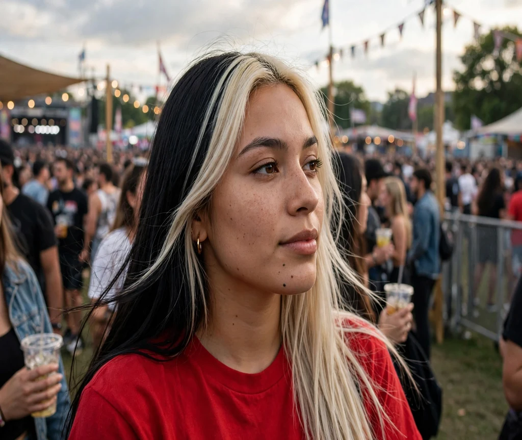 Woman with high-contrast black and blonde calico panels at a festival