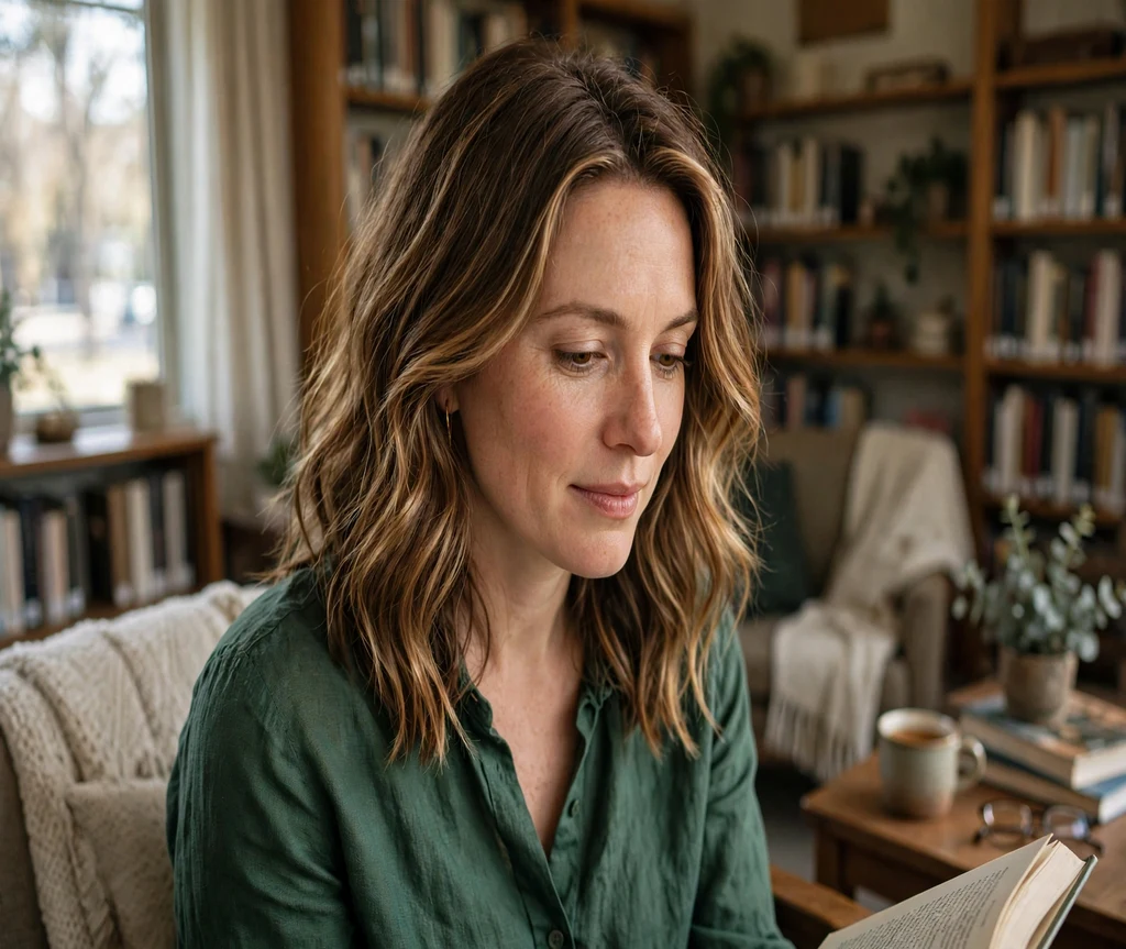 Woman with chestnut and honey calico pieces in a library nook