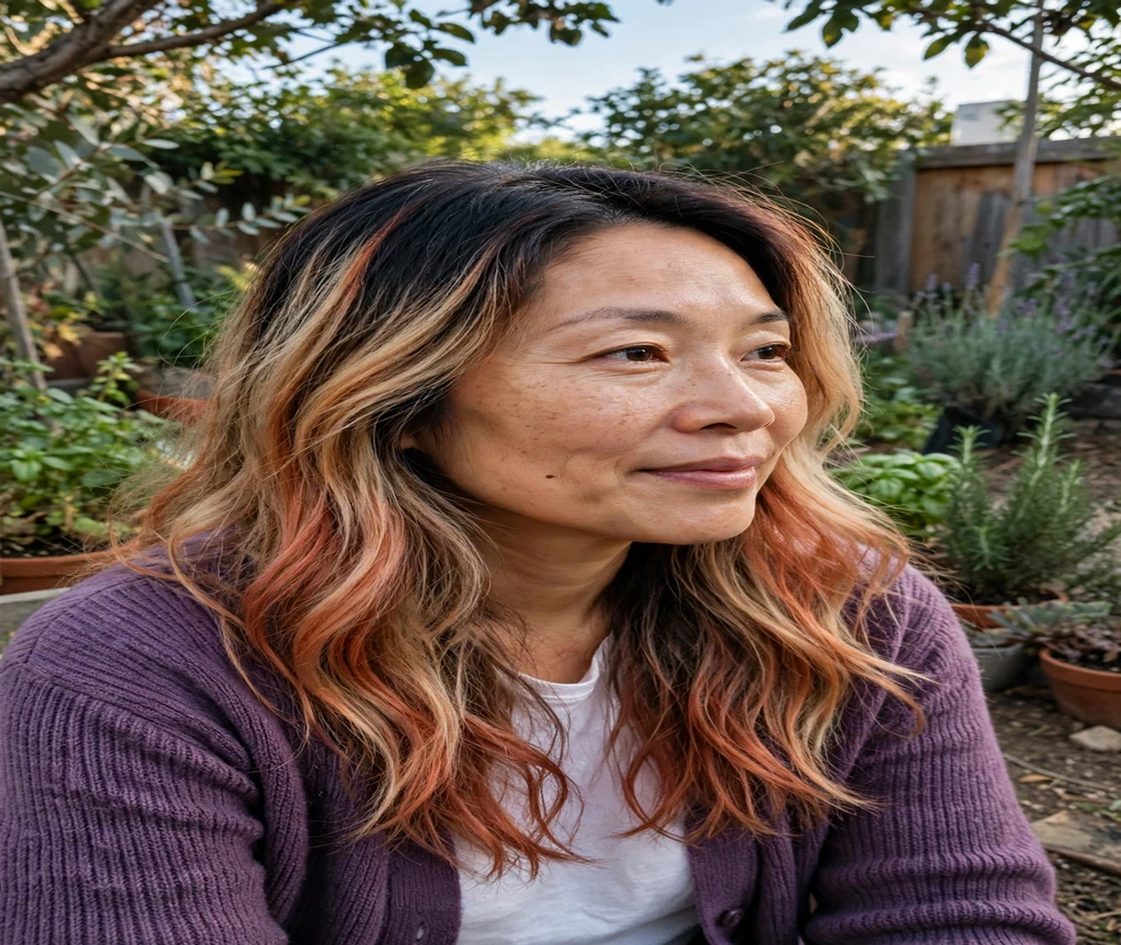 Woman with dark rooted calico grow-out in a backyard garden