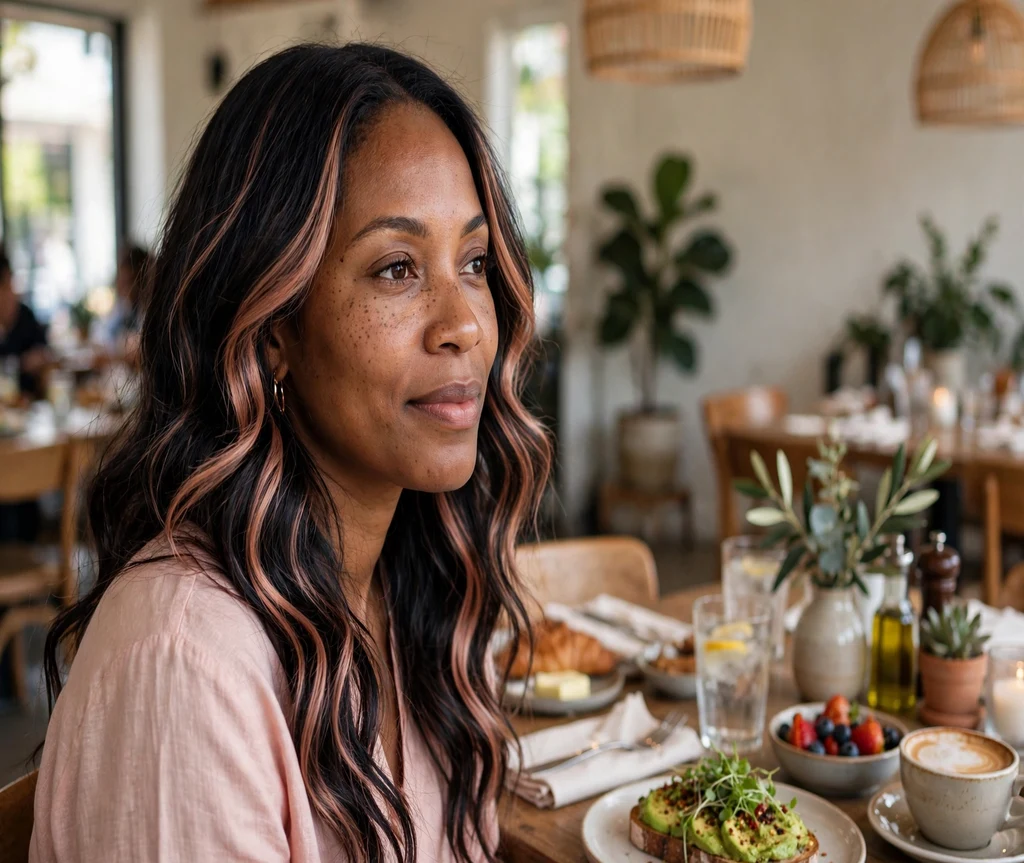 Woman with rose gold calico accents on dark hair at a brunch table