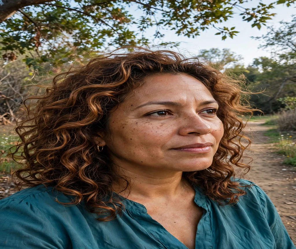 Woman with warm chestnut calico blend on curly hair on a park trail