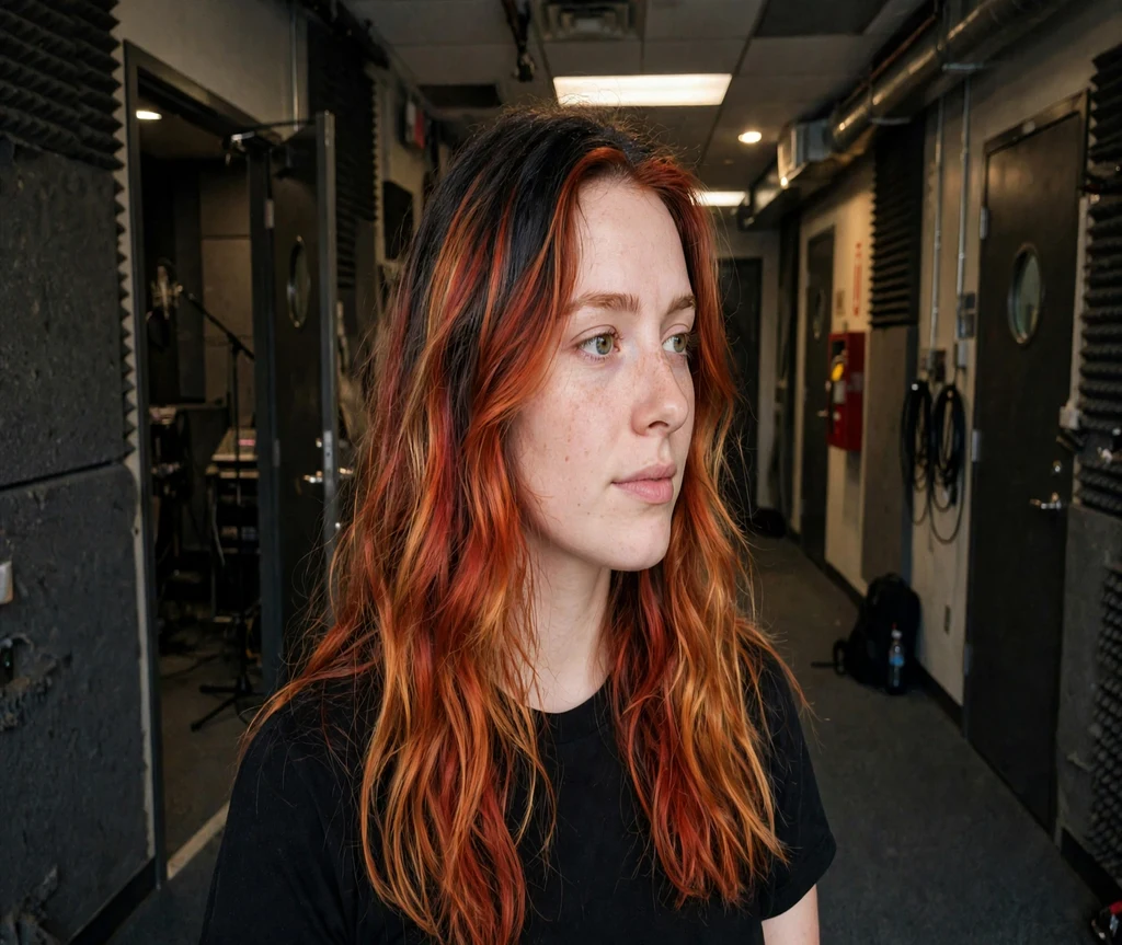 Woman with copper red calico melt in a recording studio hallway