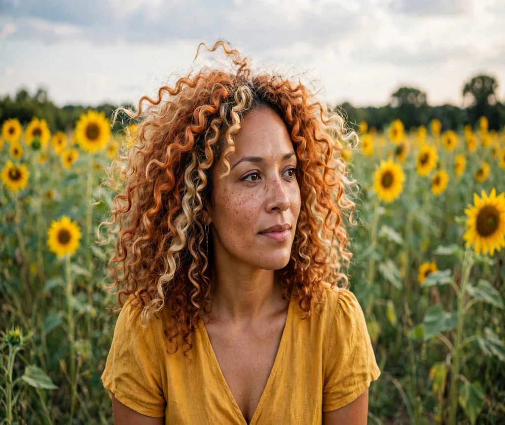 Woman with golden copper calico color blocks on voluminous curls in a sunflower field