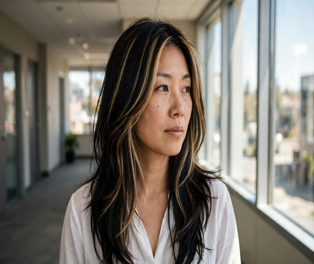 Woman with face-framing calico highlights in a bright office hallway