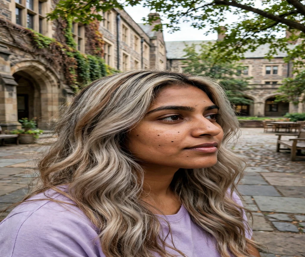 Woman with ash blonde calico hair in a university courtyard