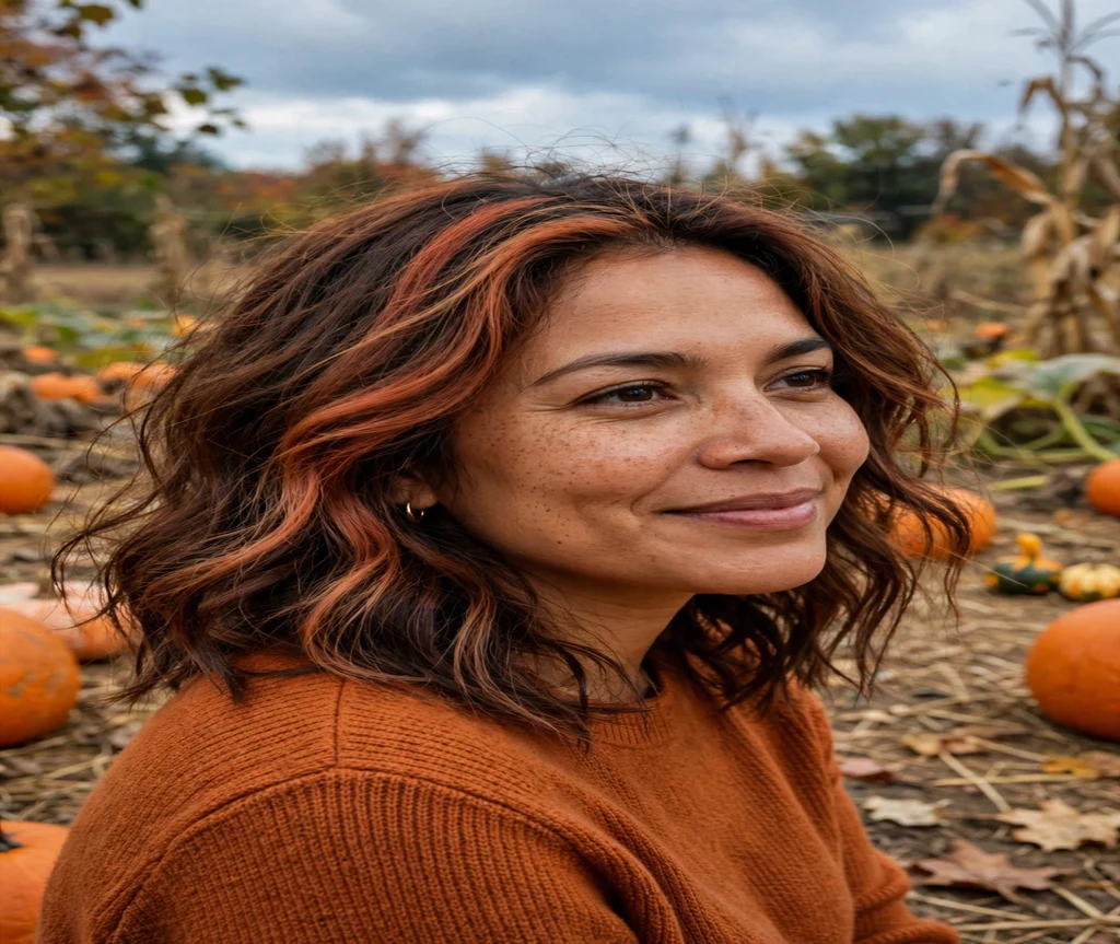 Woman with autumn spice calico hair at a pumpkin patch