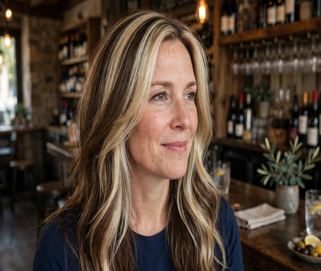 Woman with bronde calico hair at a wine bar