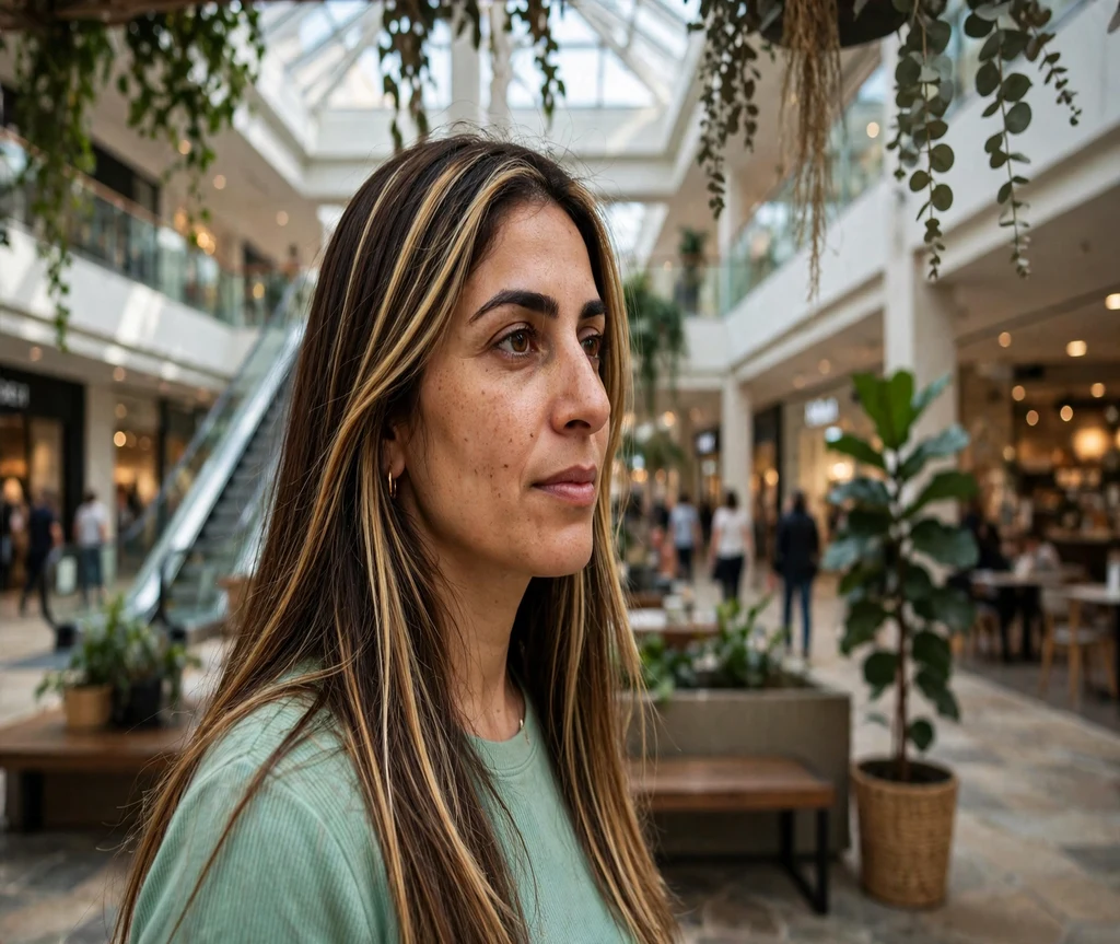 Woman with honey blonde foil calico slices in a shopping mall atrium