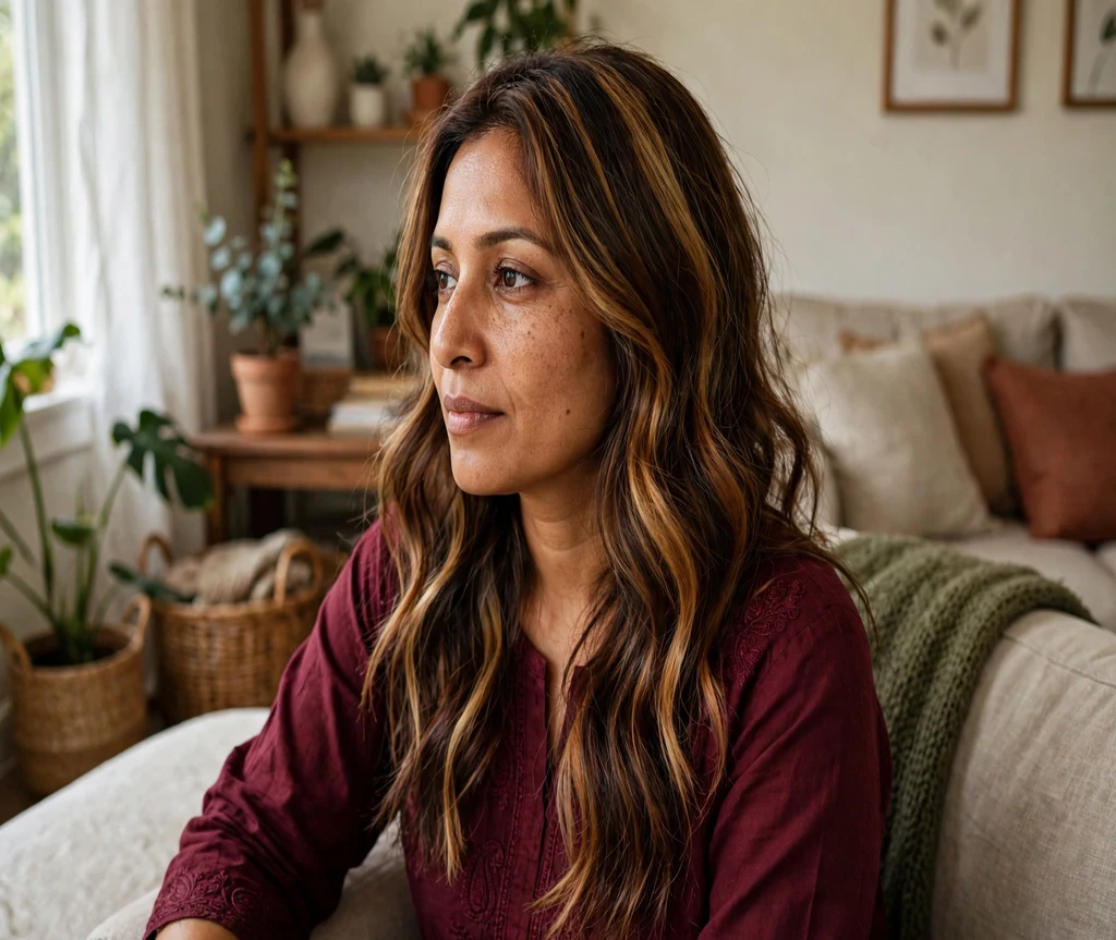 Woman with rich chocolate calico hair in a home living room