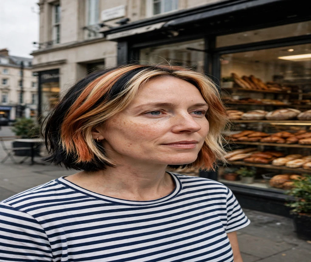 Woman with a calico bob in black copper and blonde at a bakery storefront