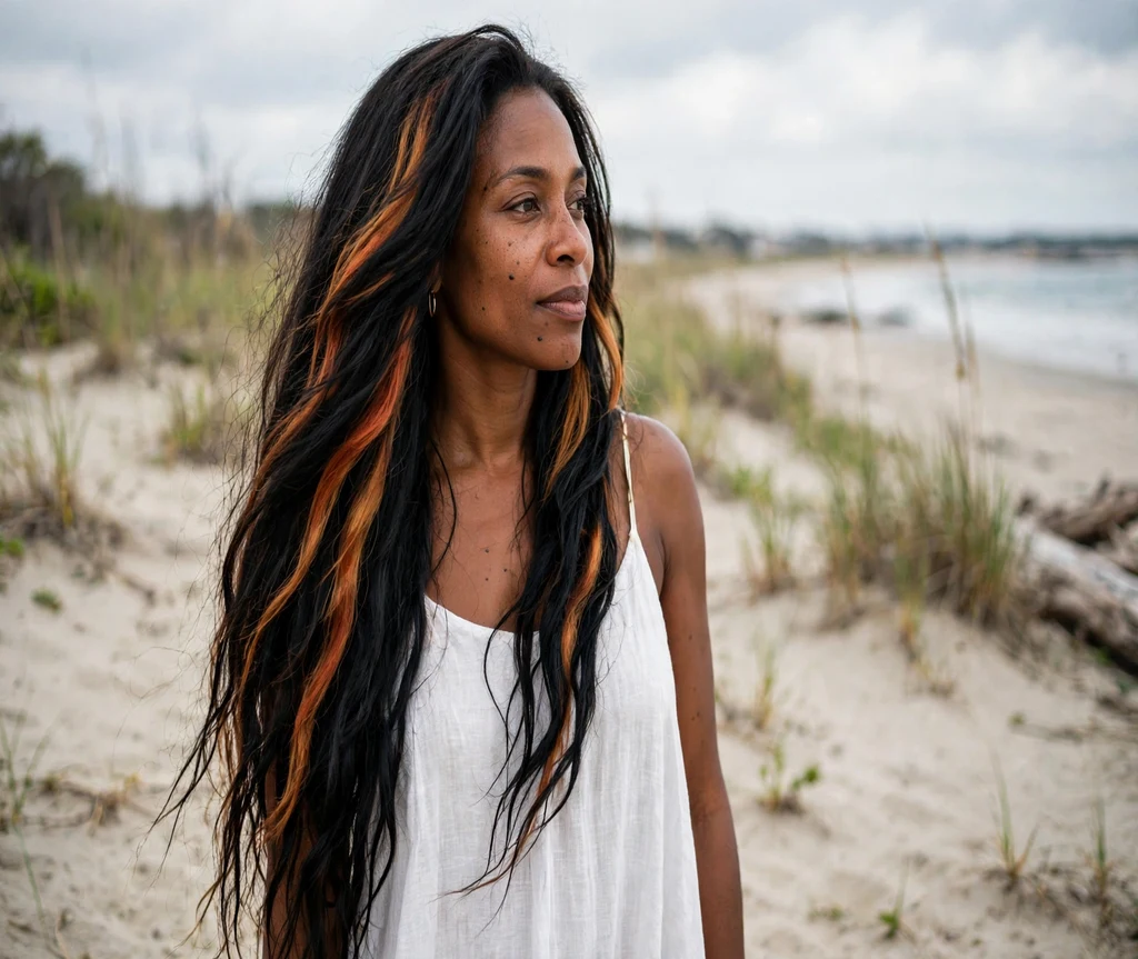 Woman with long layered calico hair on a sandy beach