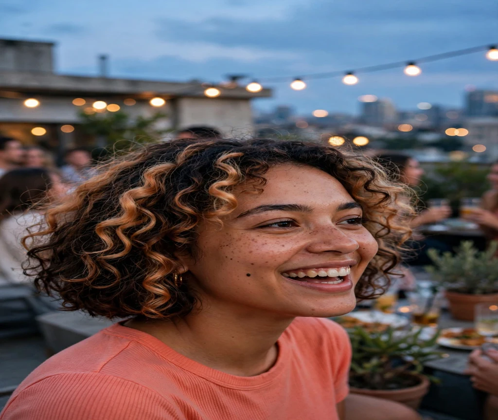 Woman with curly calico color blocks at a rooftop party