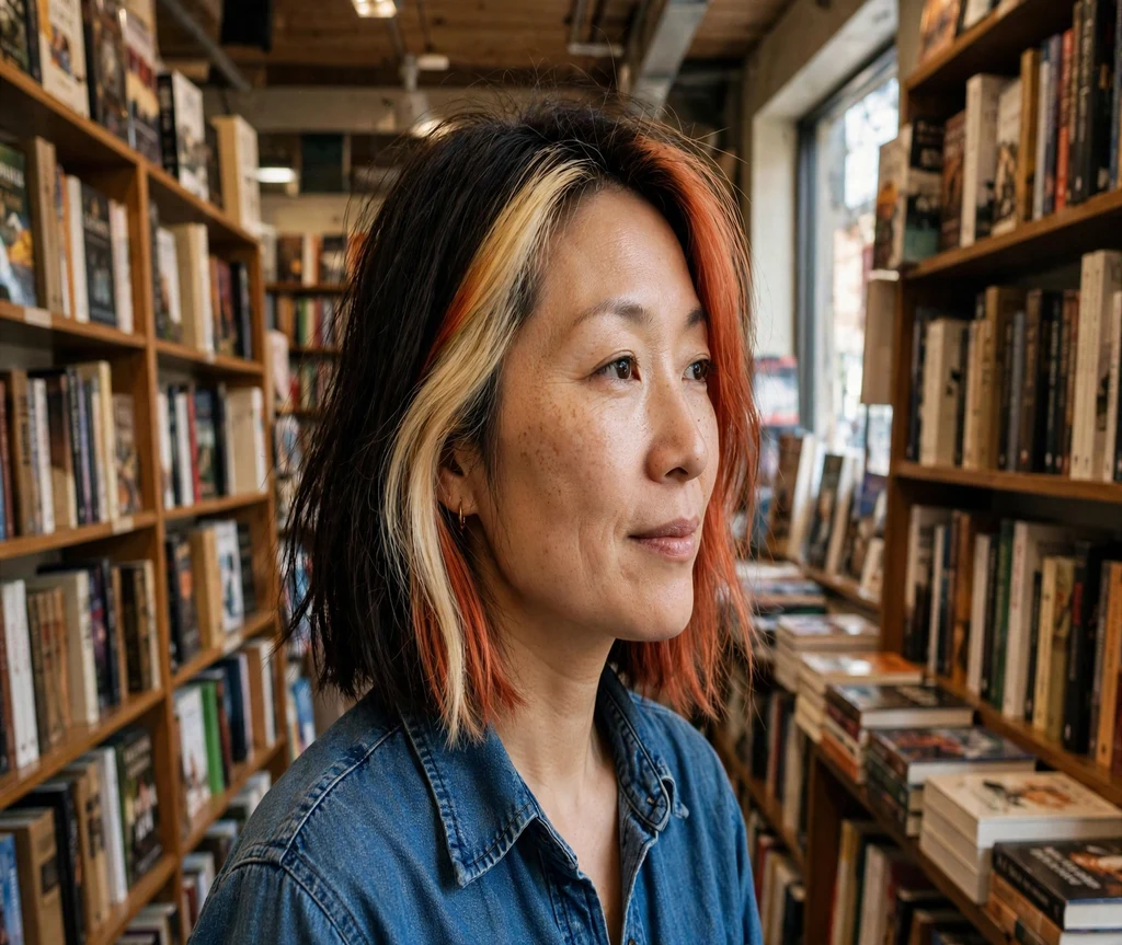 Woman with a calico lob and face-framing color blocks in a bookshop aisle