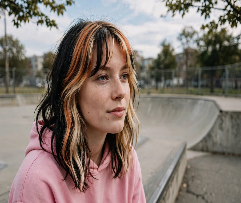 Woman with calico curtain bangs in black copper and blonde at a skate park