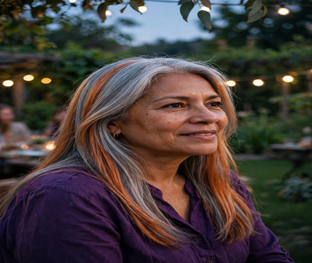 Woman with silver and copper calico blocks at an evening garden party