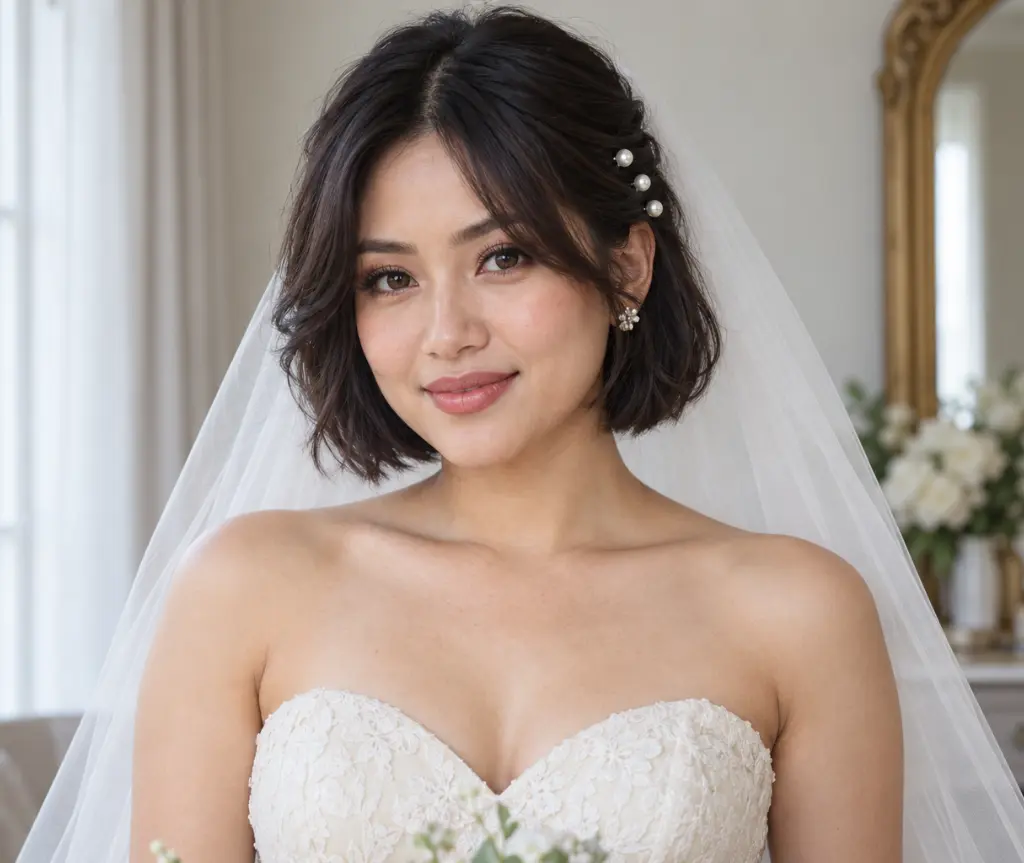 Chin-Length Bob with Curtain Bangs and Pearl Hairpins