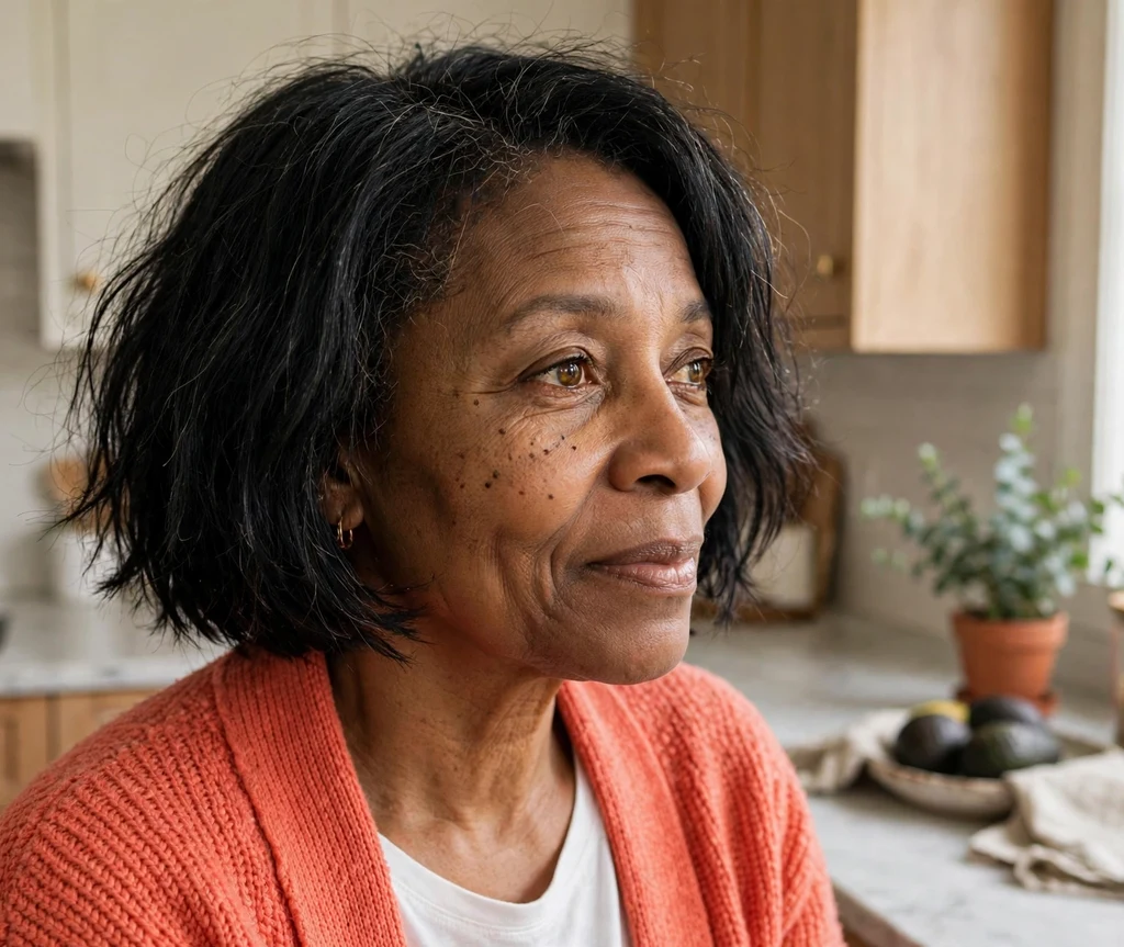 Classic choppy bob on fine jet black hair, Black woman in her early 50s, coral cardigan, bright kitchen