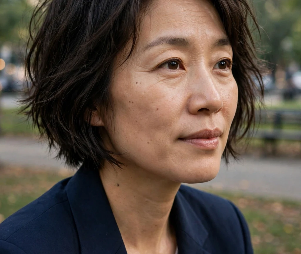 Textured choppy bob with layers on fine dark brown hair, East Asian woman in her mid 30s, navy blazer, city park