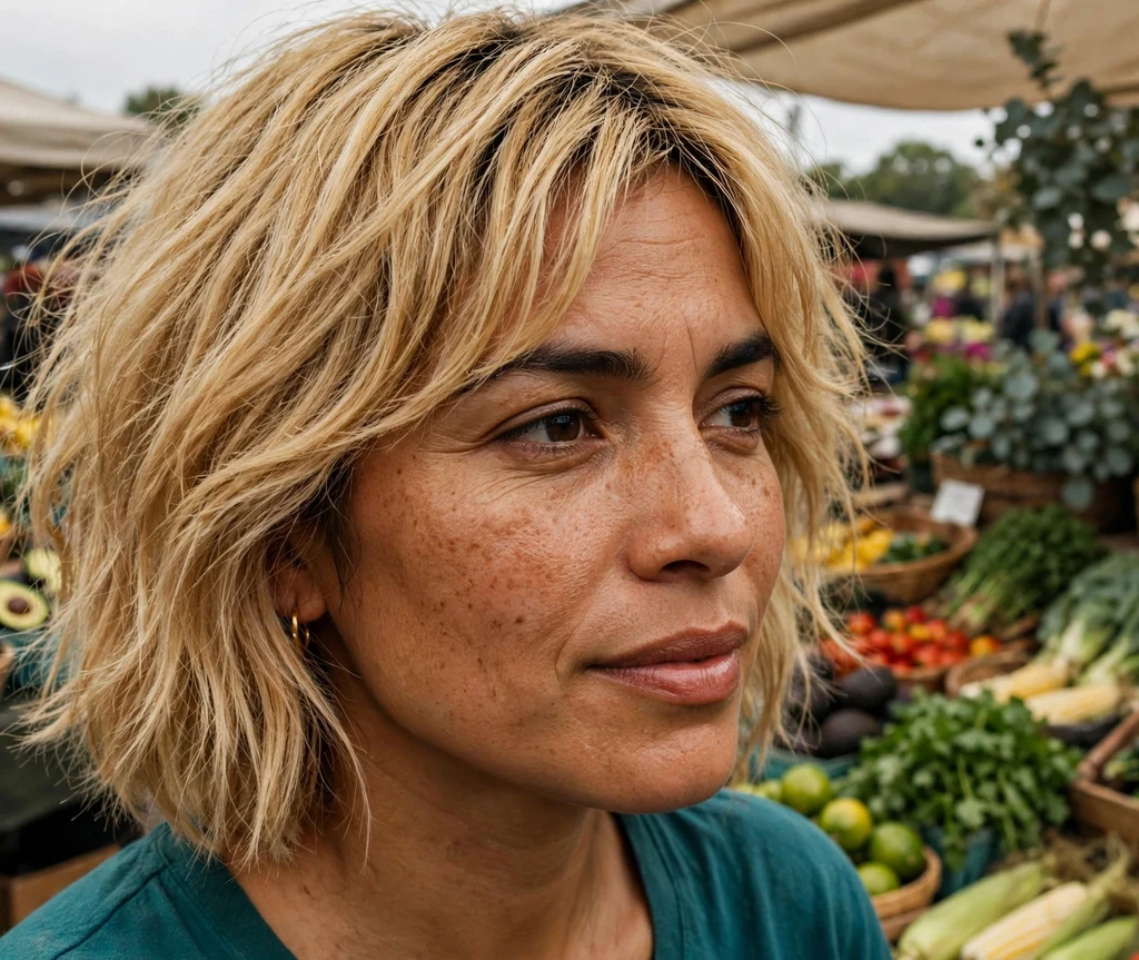 Choppy bob with side-swept bangs on fine honey blonde hair, Latina woman in her late 20s, teal top, farmers market