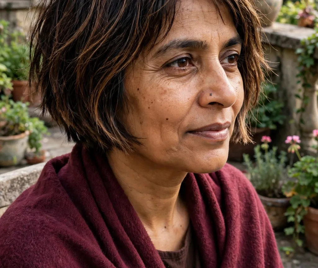 Choppy inverted bob on fine dark brown hair with caramel pieces, South Asian woman in her early 40s, maroon shawl, garden terrace