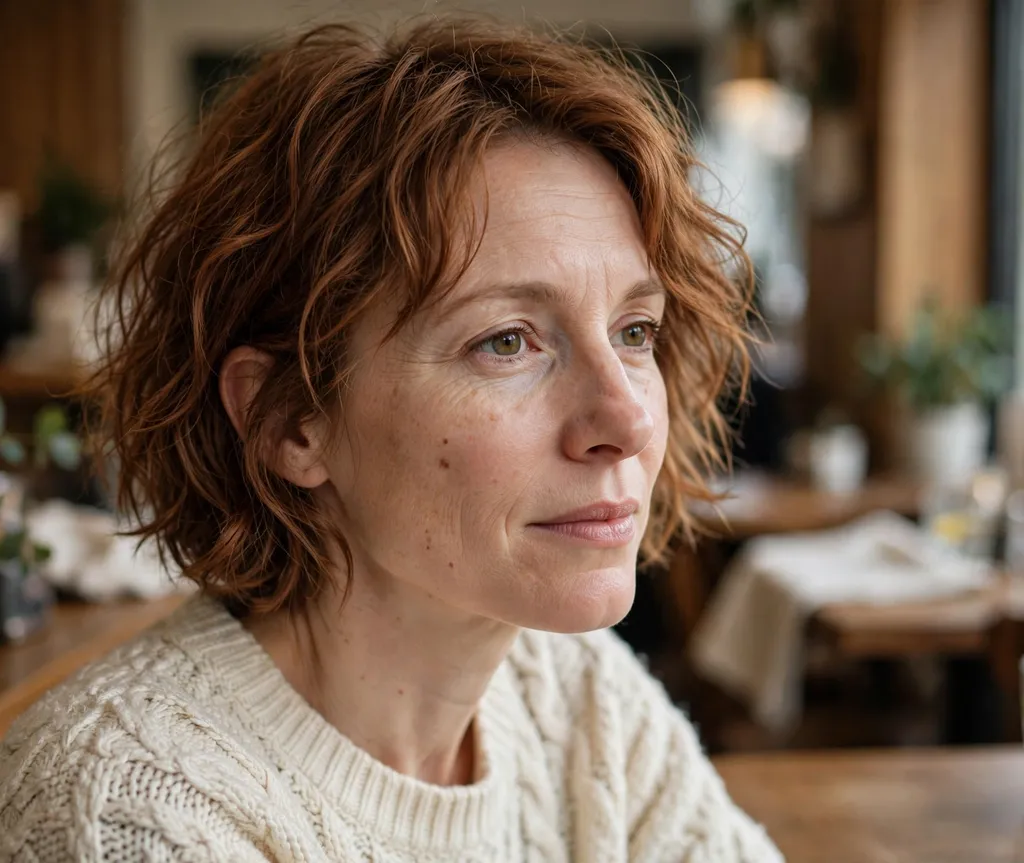 Wavy choppy bob on fine auburn hair, Caucasian woman in her mid 30s, cream sweater, cozy café